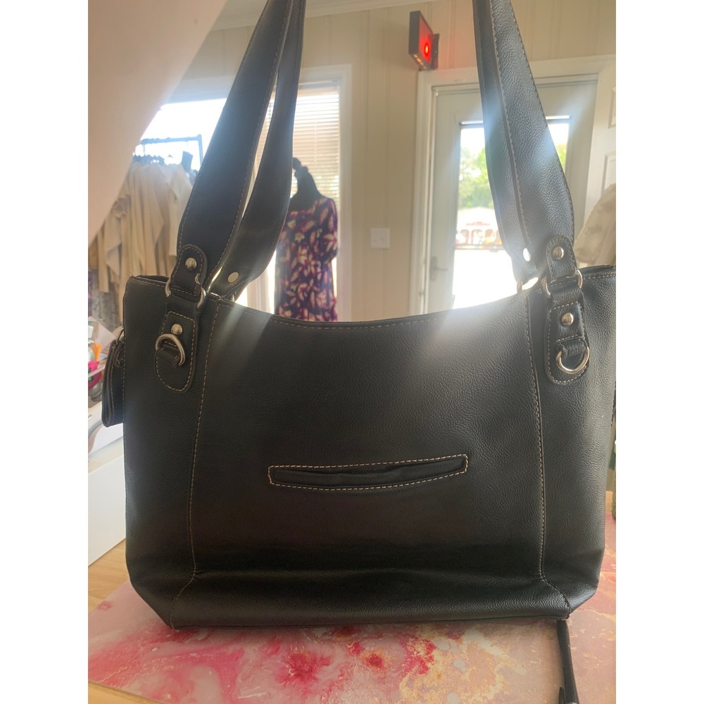 Kenneth Cole Reaction Black Faux Leather Tote Bag Shoulder Purse Cityscape Liner - Picture 3 of 4